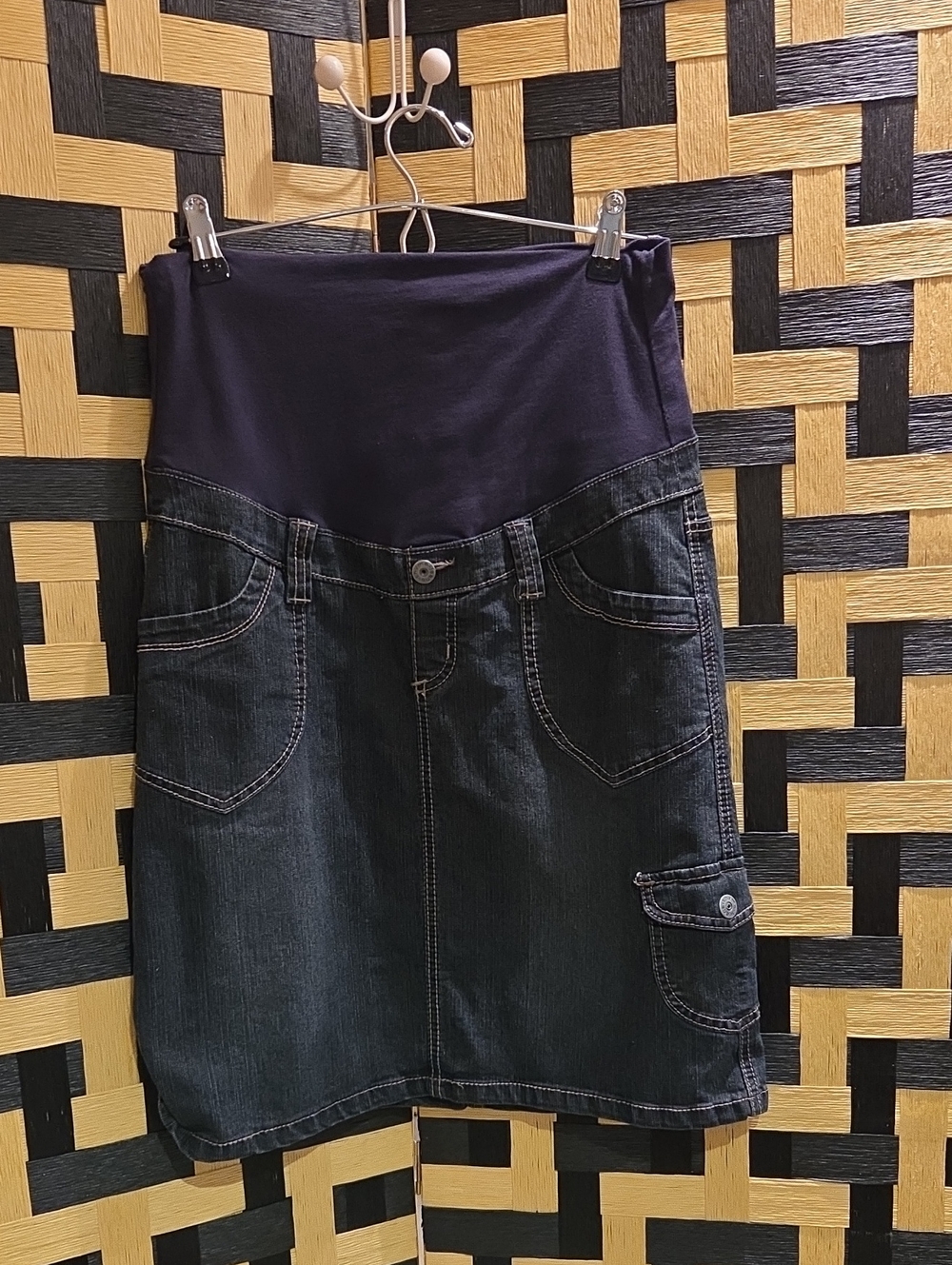 Thyme Maternity Dark Denim Midi Skirt with Navy Maternity Panel